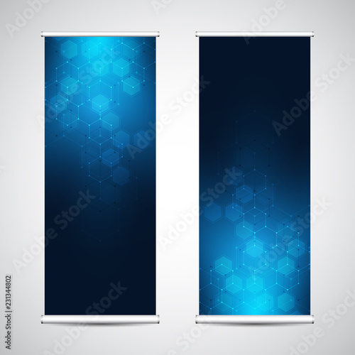 Roll up banner stands with abstract geometric background of hexagons pattern. Hi-tech digital background. Vector illustration for technological or scientific modern design.