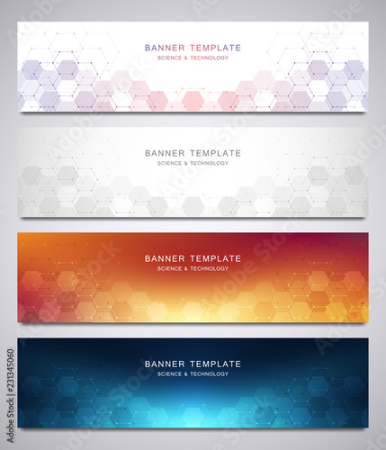 Set of vector banners and headers for site with medical background and hexagons pattern. Abstract geometric texture. Modern design for decoration website and other ideas.