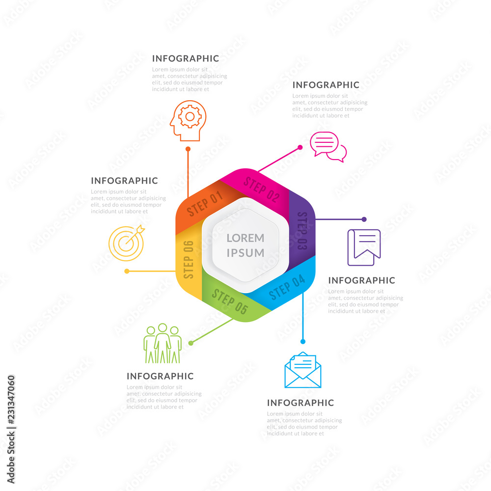 Fototapeta premium Vector illustration infographics six options. Business infographic template. Infographic template with option or step for presentation