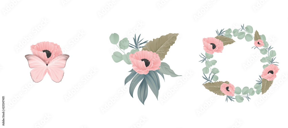 Floral bouquet composition set, pink poppy flowers and leaves