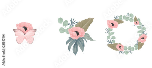 Floral bouquet composition set, pink poppy flowers and leaves