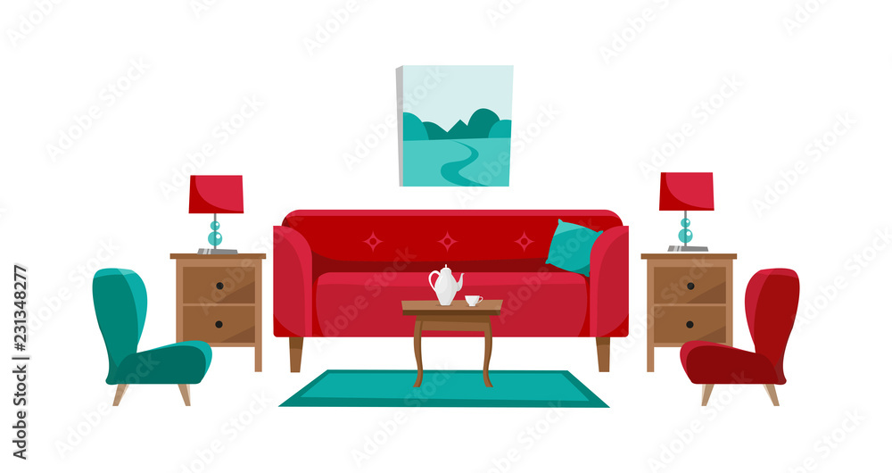 Fototapeta premium Red sofa with cofee table, nightstands, painting, table lamps, vase, carpet, soft chair and slippers in living room. Porcelain set of pot and two cups on table. Flat cartoon vector in white background