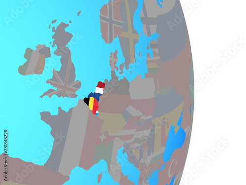 Benelux Union with national flags on simple political globe.