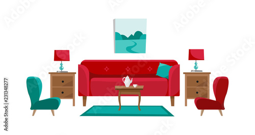 Red sofa with cofee table, nightstands, painting, table lamps, vase, carpet, soft chair and slippers in living room. Porcelain set of pot and two cups on table. Flat cartoon vector in white background
