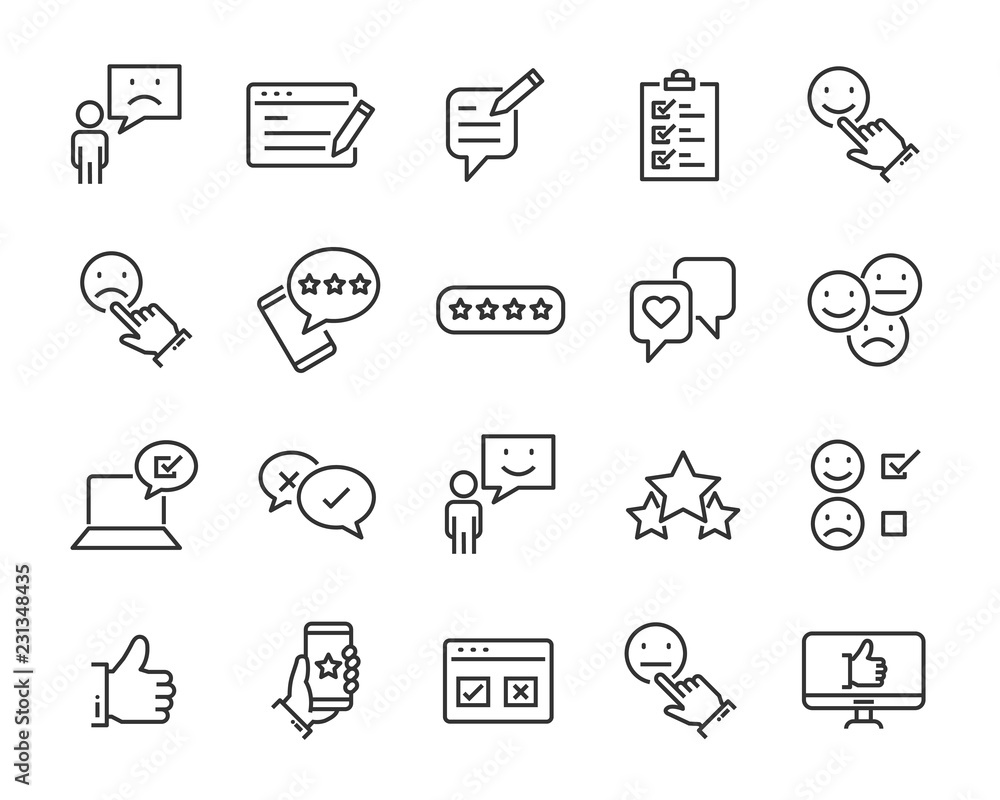 set of feedback line icons, such as, question, review, test, app set of feedback line icons, such as, question, review, test, app