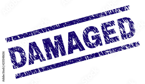 DAMAGED seal print with grunge style. Blue vector rubber print of DAMAGED tag with grunge texture. Text tag is placed between parallel lines.