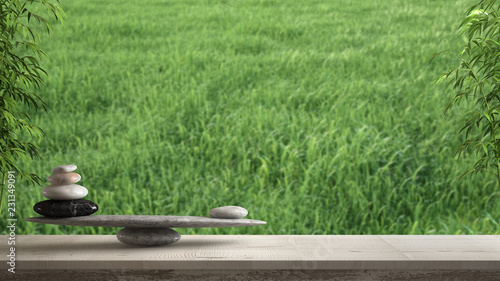 Photography Wooden vintage table or shelf with stone balance, over blurred meadow panorama w