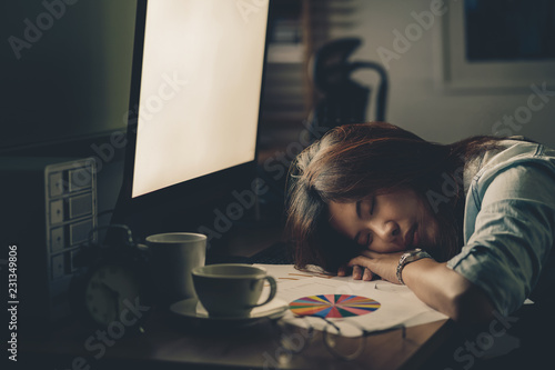 Portrait of Asian Businesswoman hard working and sleeping on the table with front of computer desktop in workplace at late with serious action, Work hard and too late concept