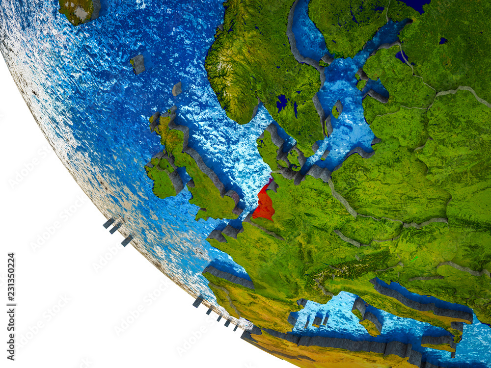 Netherlands on model of Earth with country borders and blue oceans with waves.