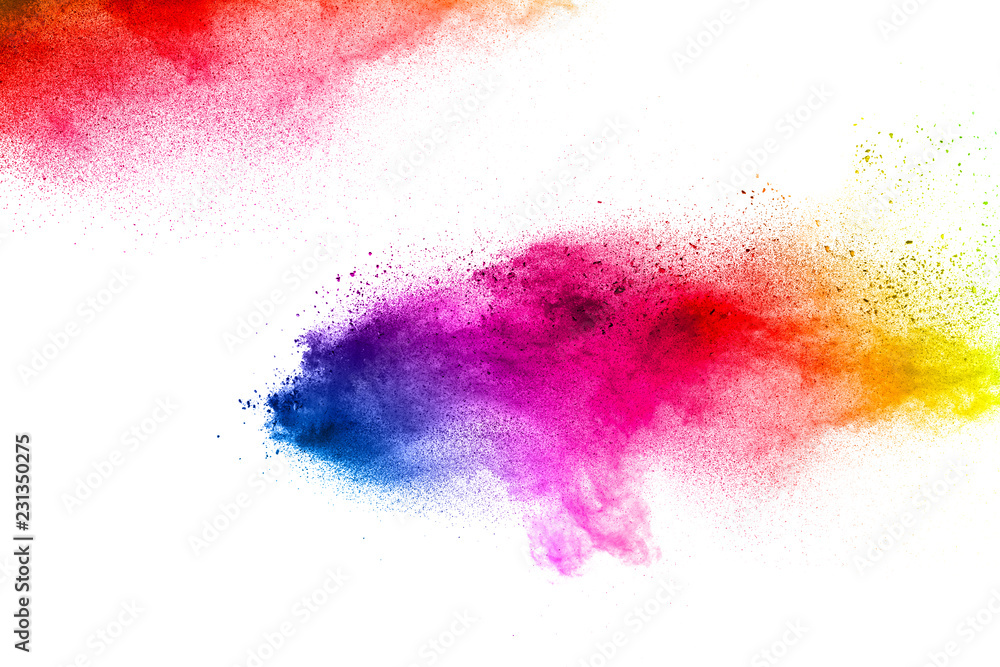 Abstract colorful dust particles textured background.Multicolored particles explosion on white background.