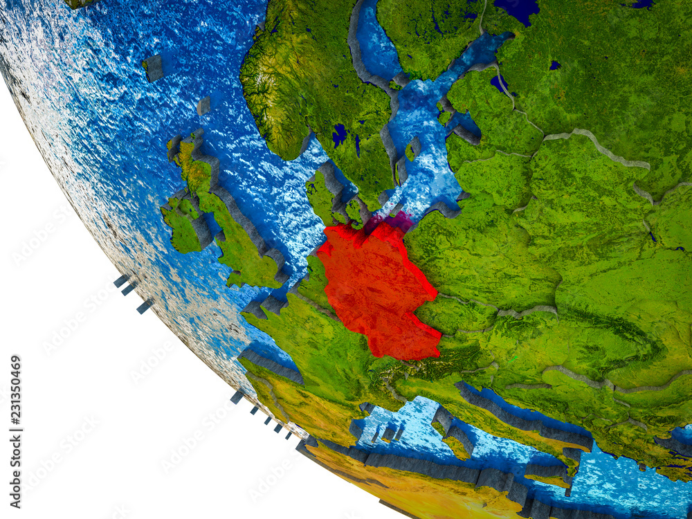 Germany on model of Earth with country borders and blue oceans with waves. Germany on model of Earth with country borders and blue oceans with waves.