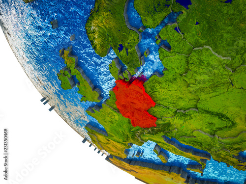 Germany on model of Earth with country borders and blue oceans with waves.