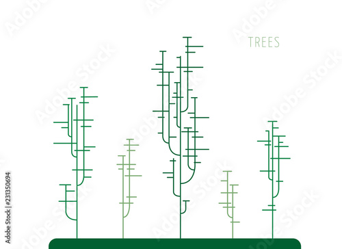 Illustration of strange stylized green park with different trees amde out of straight lines. Landscape image of a grove, park or forest for animation or game background. Set of geometrical trees.
