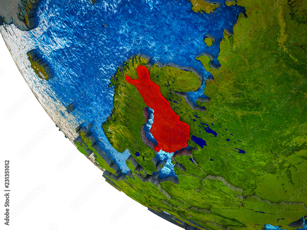 Finland on model of Earth with country borders and blue oceans with waves.