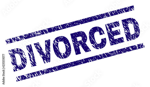 DIVORCED seal watermark with distress style. Blue vector rubber print of DIVORCED text with dirty texture. Text tag is placed between parallel lines.