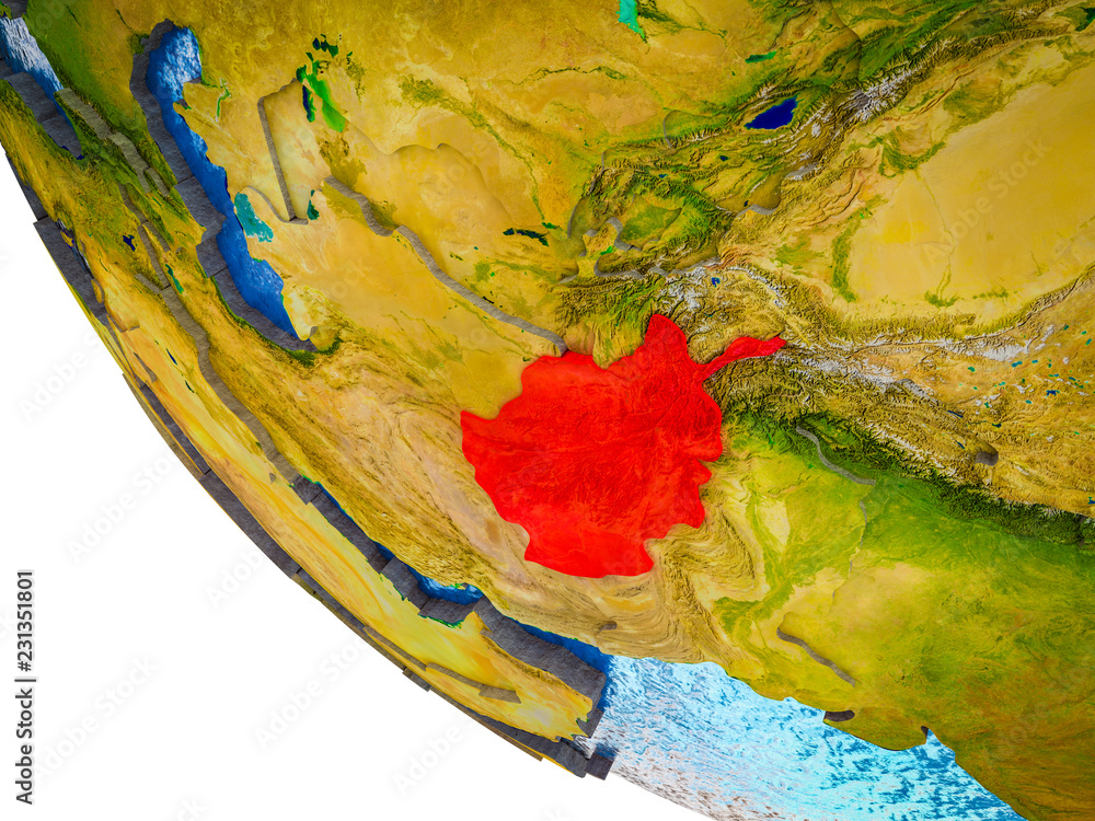 Afghanistan on model of Earth with country borders and blue oceans with waves. Afghanistan on model of Earth with country borders and blue oceans with waves.