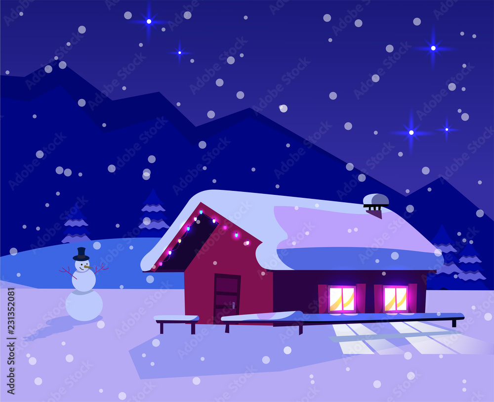 Christmas snow-covered landscape with a small house with lighting windows decorated with a garland of light bulbs and a snowman. Mountain dark blue landscape with snowfall and a starry sky.