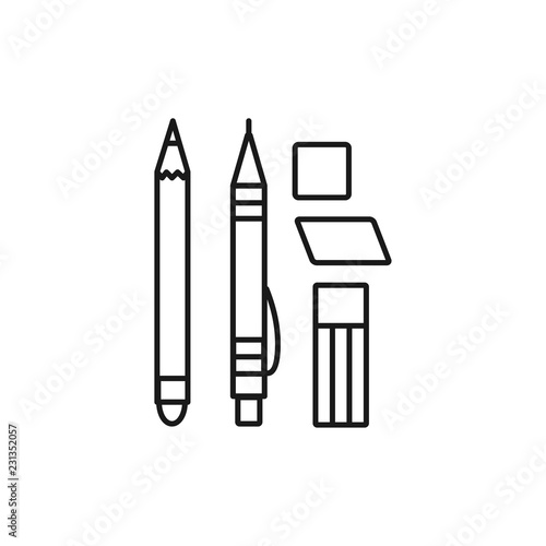Black & white vector illustration of mechanical pencil, lead refill, erasers. Line icon of drawing & drafting tool set. Stationery items. Isolated objects