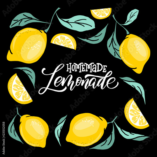 Lemonade lettering with lemon label. Brush calligraphy of word lemonade.