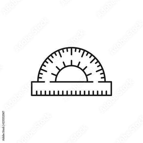 Black & white vector illustration of school math protractor. Line icon of instrument for architect, drafter, student. Technical & mechanical drawing tool. Isolated object