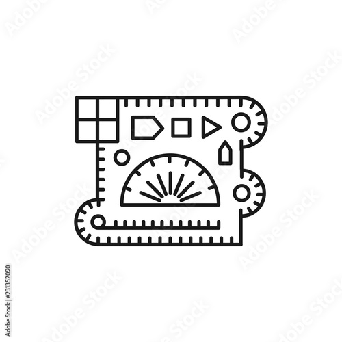 Black & white vector illustration of drafting template ruler with geometric shapes. Combat mission plotter. Line icon of stencil for technical & mechanical drawing. Isolated object on white background
