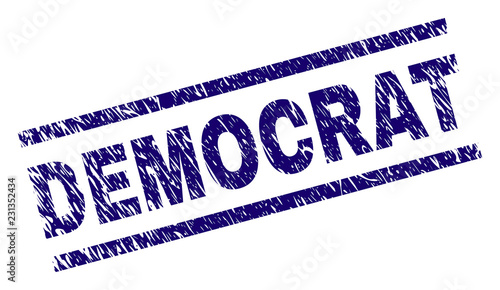 DEMOCRAT seal print with distress style. Blue vector rubber print of DEMOCRAT tag with dirty texture. Text tag is placed between parallel lines.