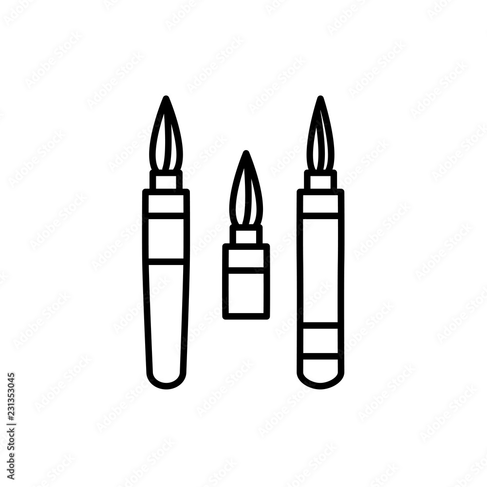 Black & white vector illustration of calligraphy brush pens. Line icon of tool for handwriting & lettering. Stationary supplies for drawing decorative vintage letters. Isolated on white background Black & white vector illustration of calligraphy brush pens. Line icon of tool for handwriting & lettering. Stationary supplies for drawing decorative vintage letters. Isolated on white background