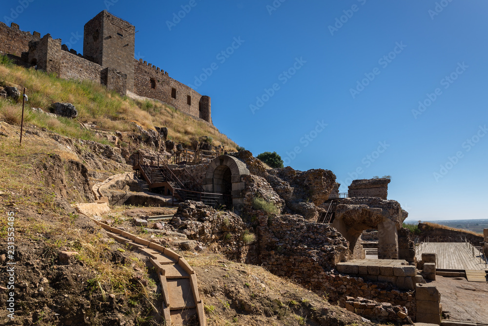 Roman ruins and castle in Medellin. Extremadura. Spain.