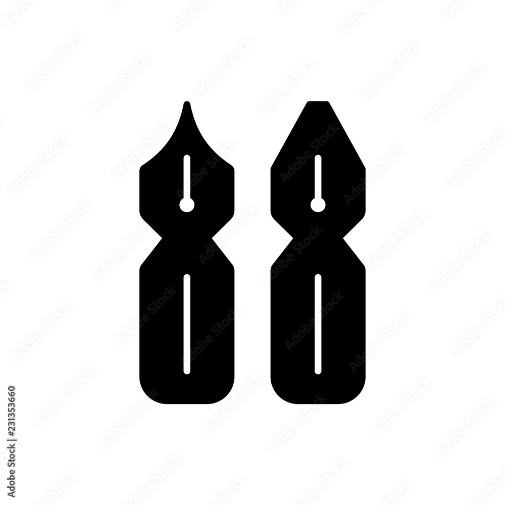 Black & white vector illustration of calligraphy nibs. Flat icon of tools for handwriting & lettering. Stationary supplies for drawing decorative vintage letters. Isolated on white background Black & white vector illustration of calligraphy nibs. Flat icon of tools for handwriting & lettering. Stationary supplies for drawing decorative vintage letters. Isolated on white background