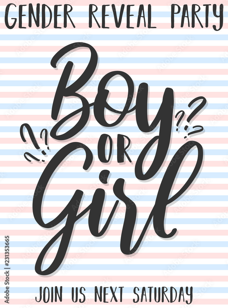 Invitation card template with the inscription boy or girl on a pink and blue striped background. Vector illustration for Gender reveal party. Сoncept of holiday, pregnancy, motherhood Invitation card template with the inscription boy or girl on a pink and blue striped background. Vector illustration for Gender reveal party. Сoncept of holiday, pregnancy, motherhood