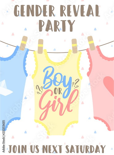 Invitation card template with pink, yellow and blue babygro and an inscription Boy or girl. Vector illustration for Gender reveal party. Ð¡oncept of holiday, pregnancy, motherhood