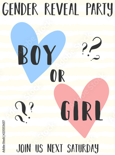 Invitation card template with pink and blue hearts and the words Boy or girl on a yellow striped background. Vector illustration for Gender reveal party. Ð¡oncept of holiday, pregnancy, motherhood