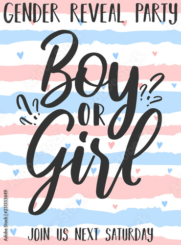 Invitation card template with the inscription boy or girl on a pink and blue striped background with hearts. Vector illustration for Gender reveal party. Ð¡oncept of holiday, pregnancy, motherhood