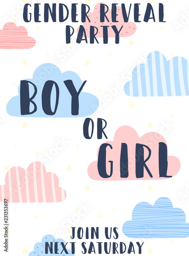 Vector illustration for Gender reveal party. Template invitation card with the inscription Boy or girl on a background of blue and pink clouds. The concept of holiday, pregnancy, motherhood