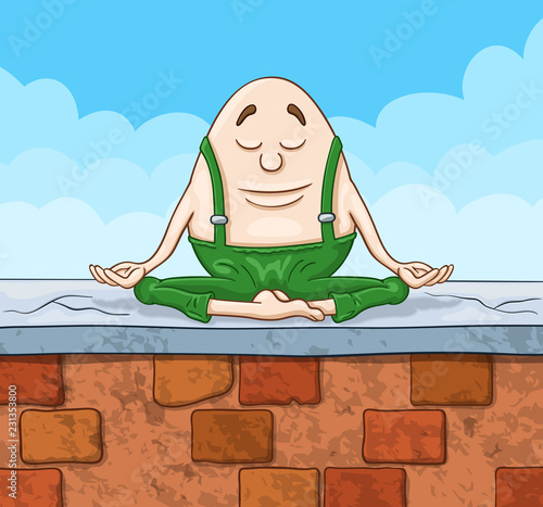 Cartoon Humpty Dumpty egg sitting with closed eyes on a top of a high brick wall in deep meditation state photo