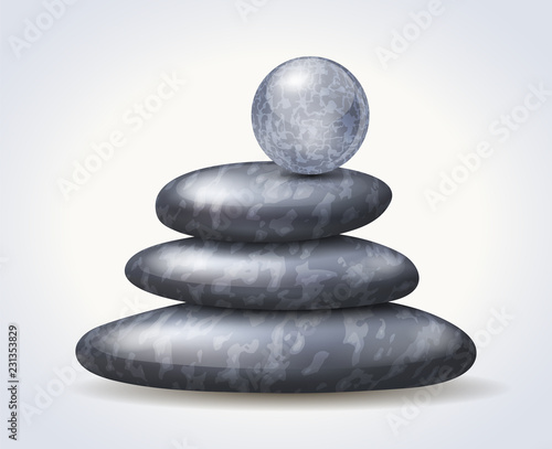 Zen Spa stones stack illustration with abstract textured sphere on its top. Balance concept.  EPS 10