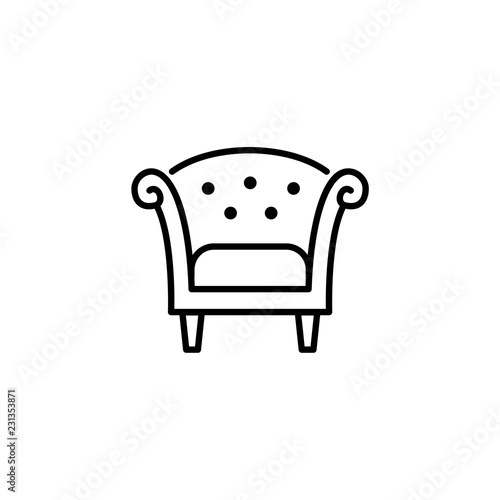 Black & white vector illustration of retro wooden armchair with high back. Line icon of arm chair seat. Upholstery furniture for living room & bedroom. Isolated on white background