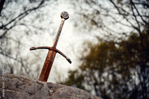 Excalibur the famous sword in the stone of king Arthur in the forest, Llangorse Lake, Brecon Beacons photo