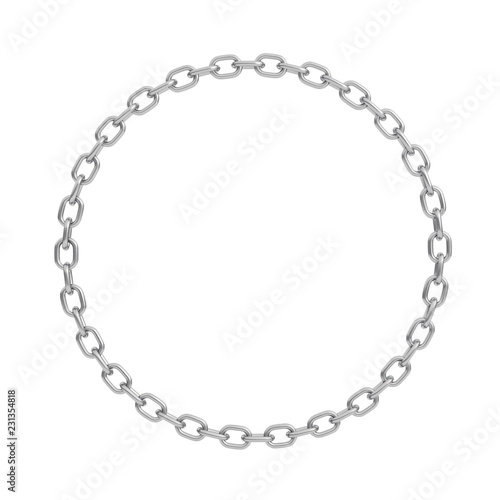 3d rendering of a polished steel chain made in shape of a perfect circle on a white background.