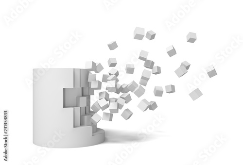 3d rendering of a solid cylinder getting destroyed with pieces lying nearby.