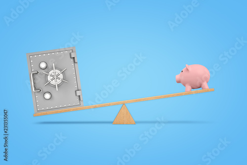 3d rendering of wooden seesaw with a metal safe box overweighing a large pink piggy bank. photo