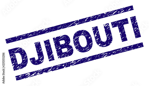 DJIBOUTI seal print with distress style. Blue vector rubber print of DJIBOUTI text with dirty texture. Text label is placed between parallel lines.