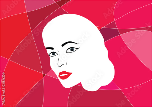 Vectorial illustration of woman face with red lips, with red shaded abstract background 