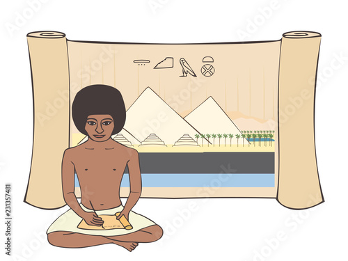 Ancient Egyptian scribe with  papyrus scroll background