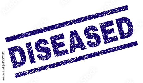 DISEASED seal print with scratced style. Blue vector rubber print of DISEASED tag with unclean texture. Text tag is placed between parallel lines.