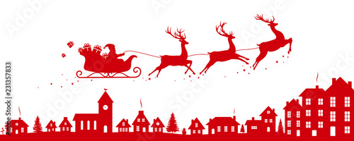 Santa's sleigh flying over a city