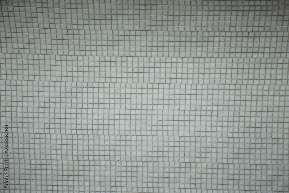 Wall background with an old ruined ceramic Venetian mosaic. Background of a white old ceramic mosaic as background for applying any design drawing. Cracked old dirty White Venetian mosaic on the wall Wall background with an old ruined ceramic Venetian mosaic. Background of a white old ceramic mosaic as background for applying any design drawing. Cracked old dirty White Venetian mosaic on the wall