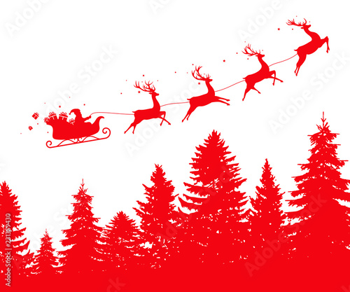 Santa's sleigh flying over a forest