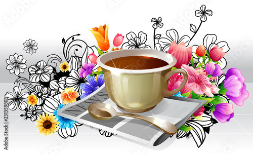 Tea Cup and newspaper with flora design