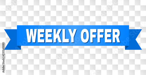 WEEKLY OFFER text on a ribbon. Designed with white caption and blue tape. Vector banner with WEEKLY OFFER tag on a transparent background.